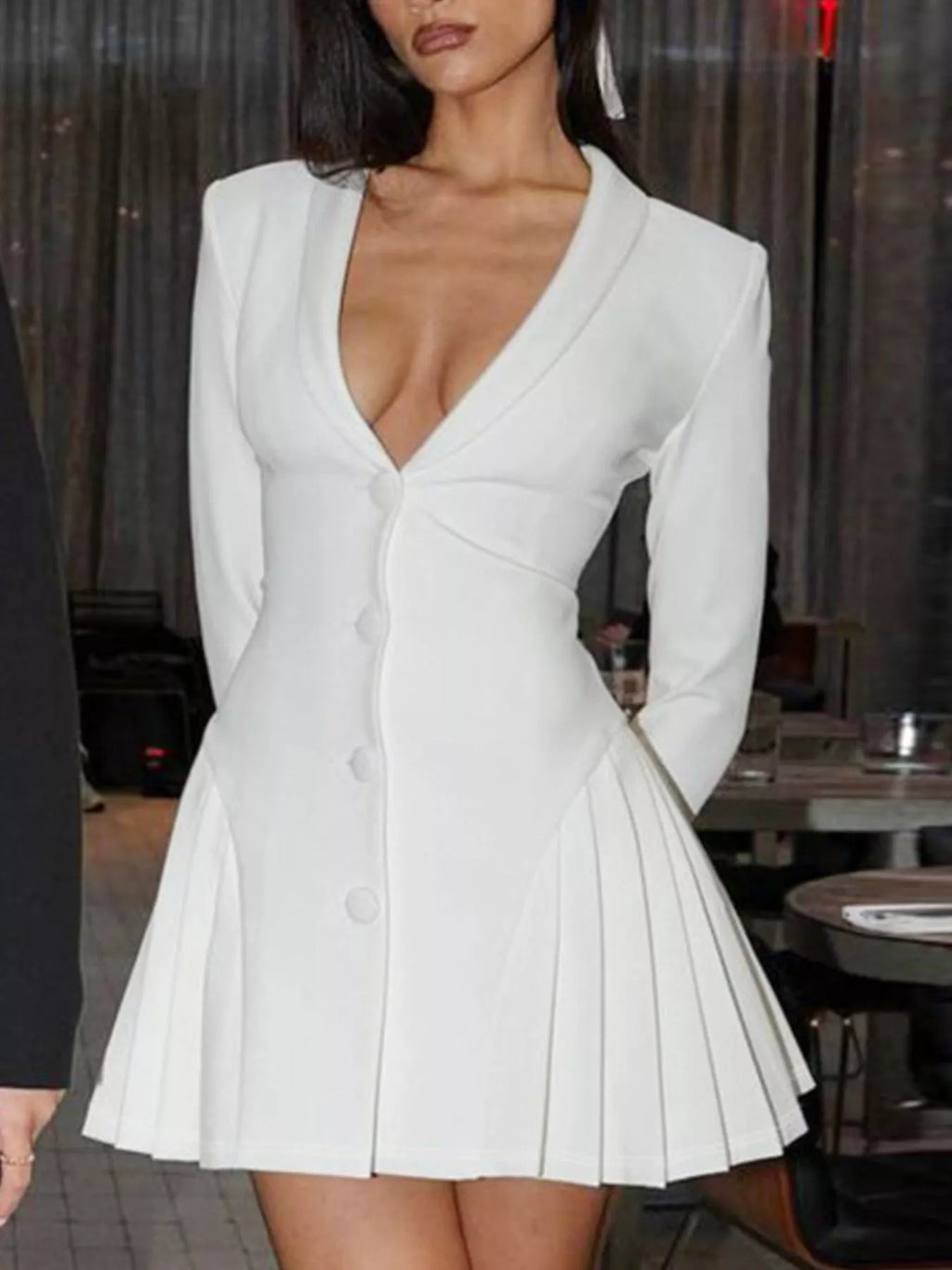 Button down blazer pleated mini dress front view