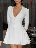 Button down blazer pleated mini dress front view