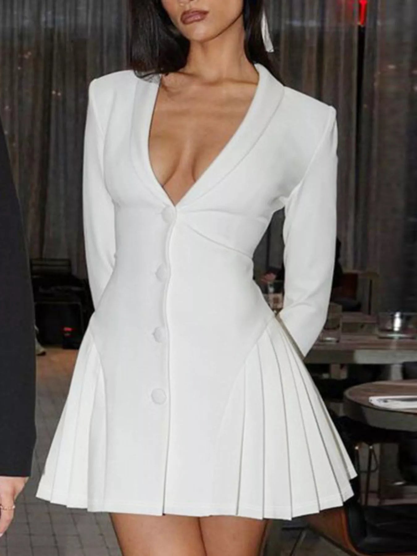 Button down blazer pleated mini dress front view