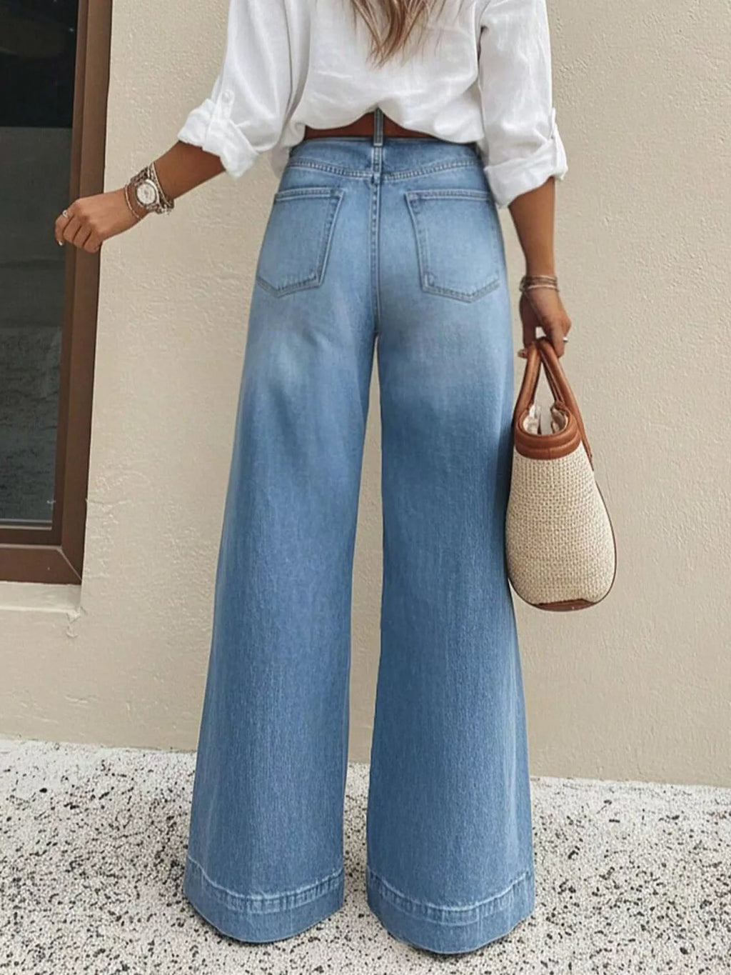 High waisted wide leg jeans full length styled look