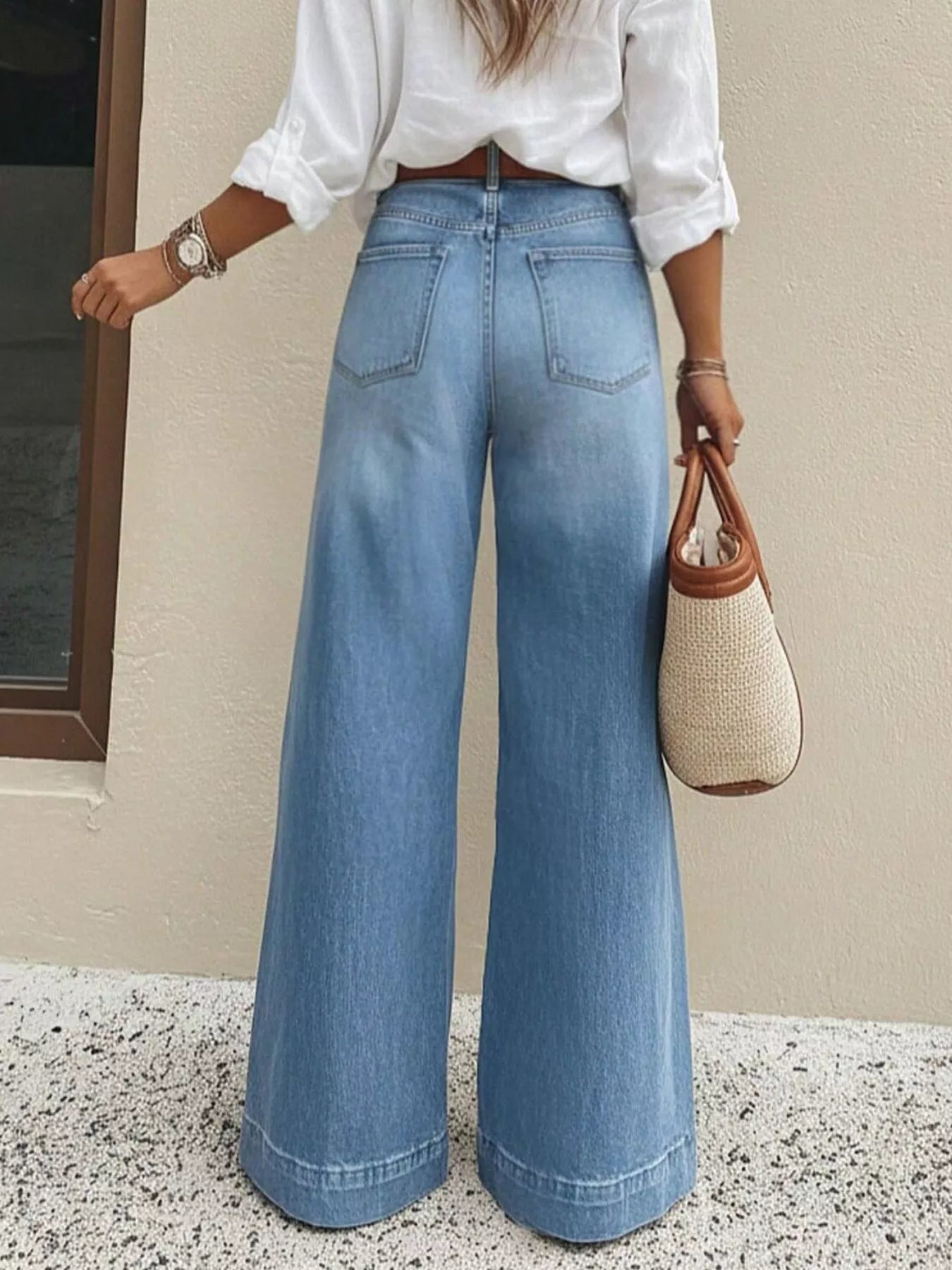 High waisted wide leg jeans full length styled look