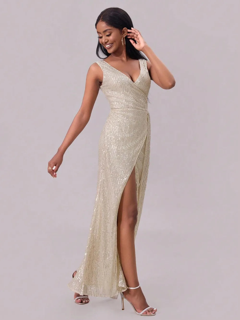 Sleeveless sequin evening gown side view