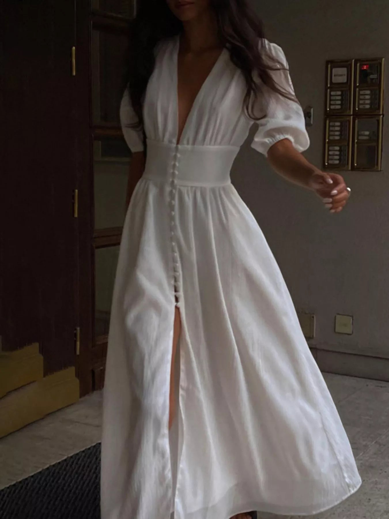 White puff sleeve maxi dress front view