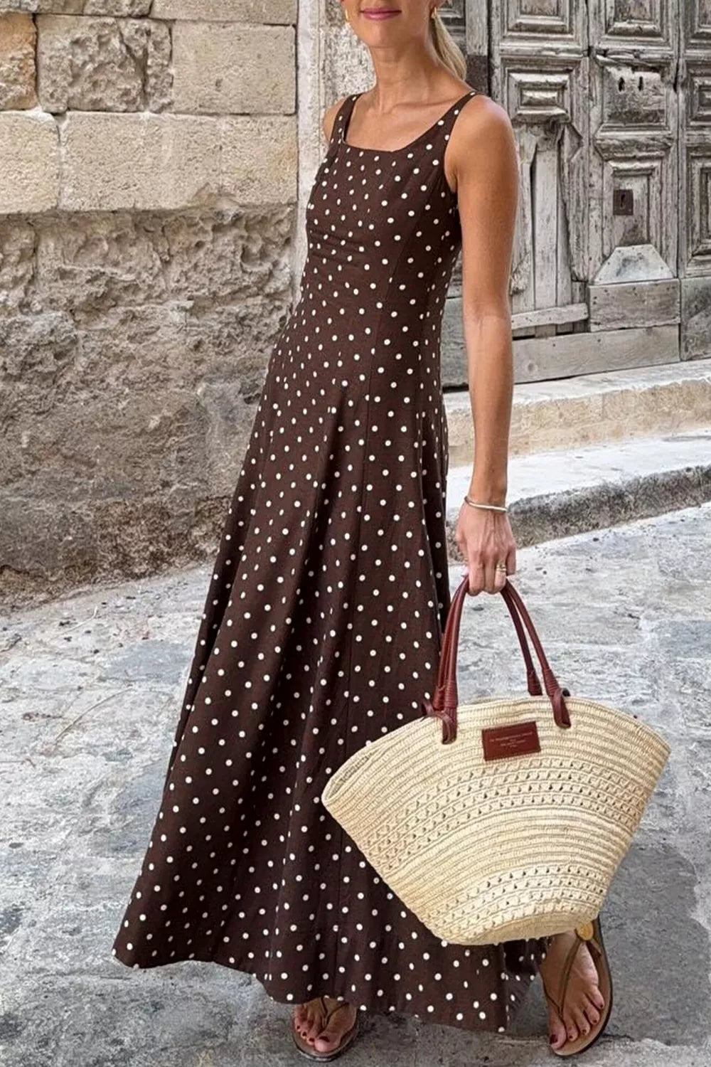 Polka dot vacation maxi dress back view