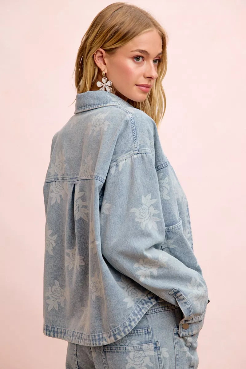 Light wash floral denim jacket side view