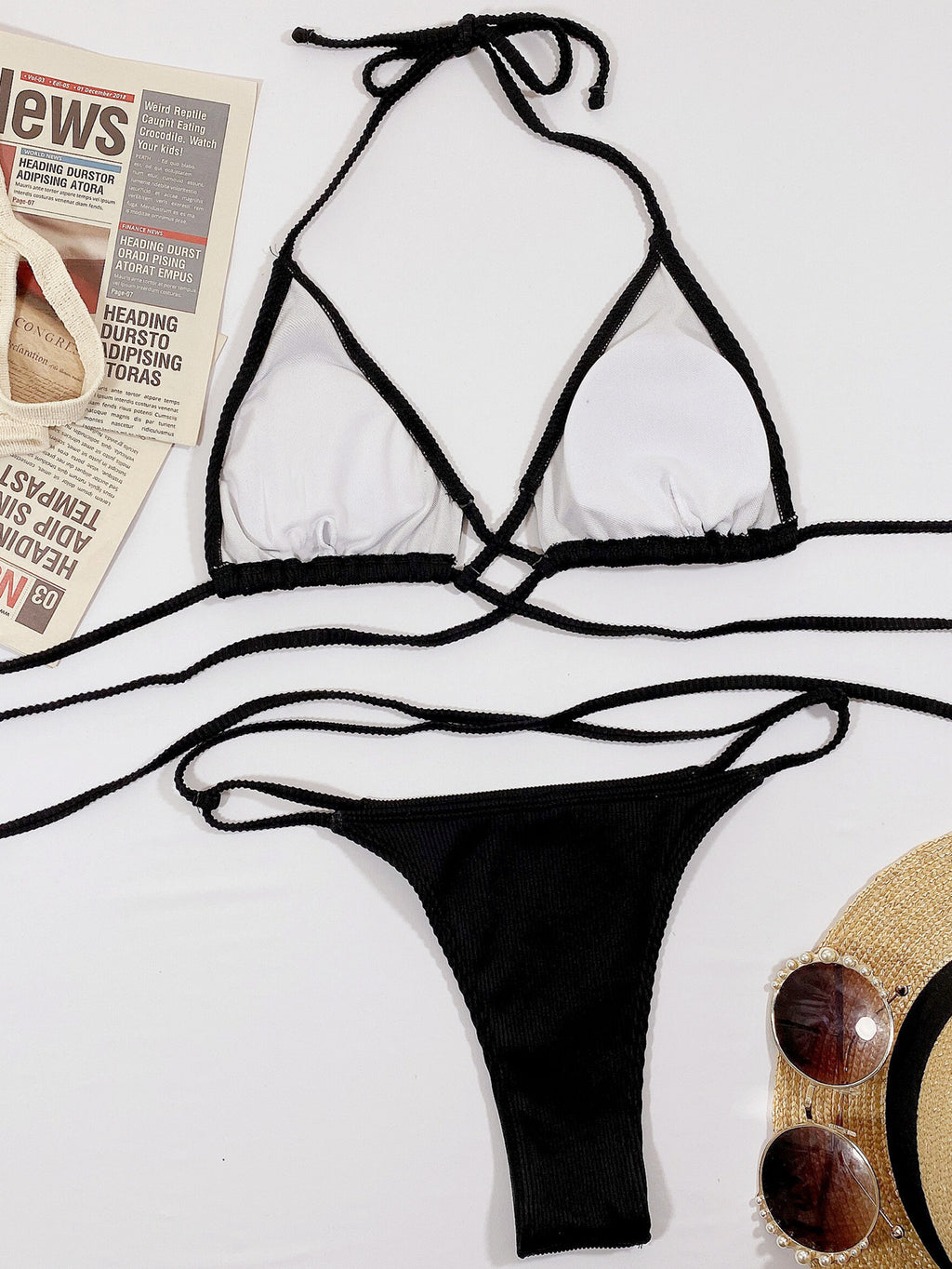 Ribbed bikini set complete beach outfit view