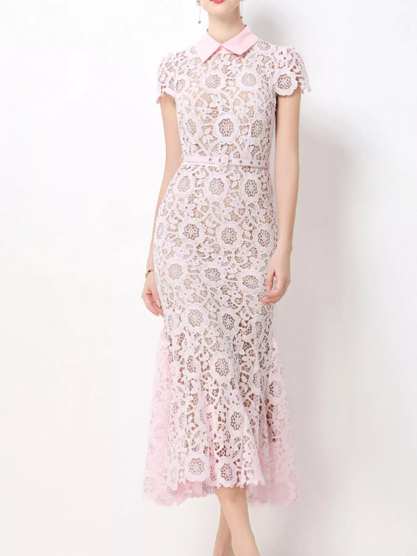 Light blue lace dress on model