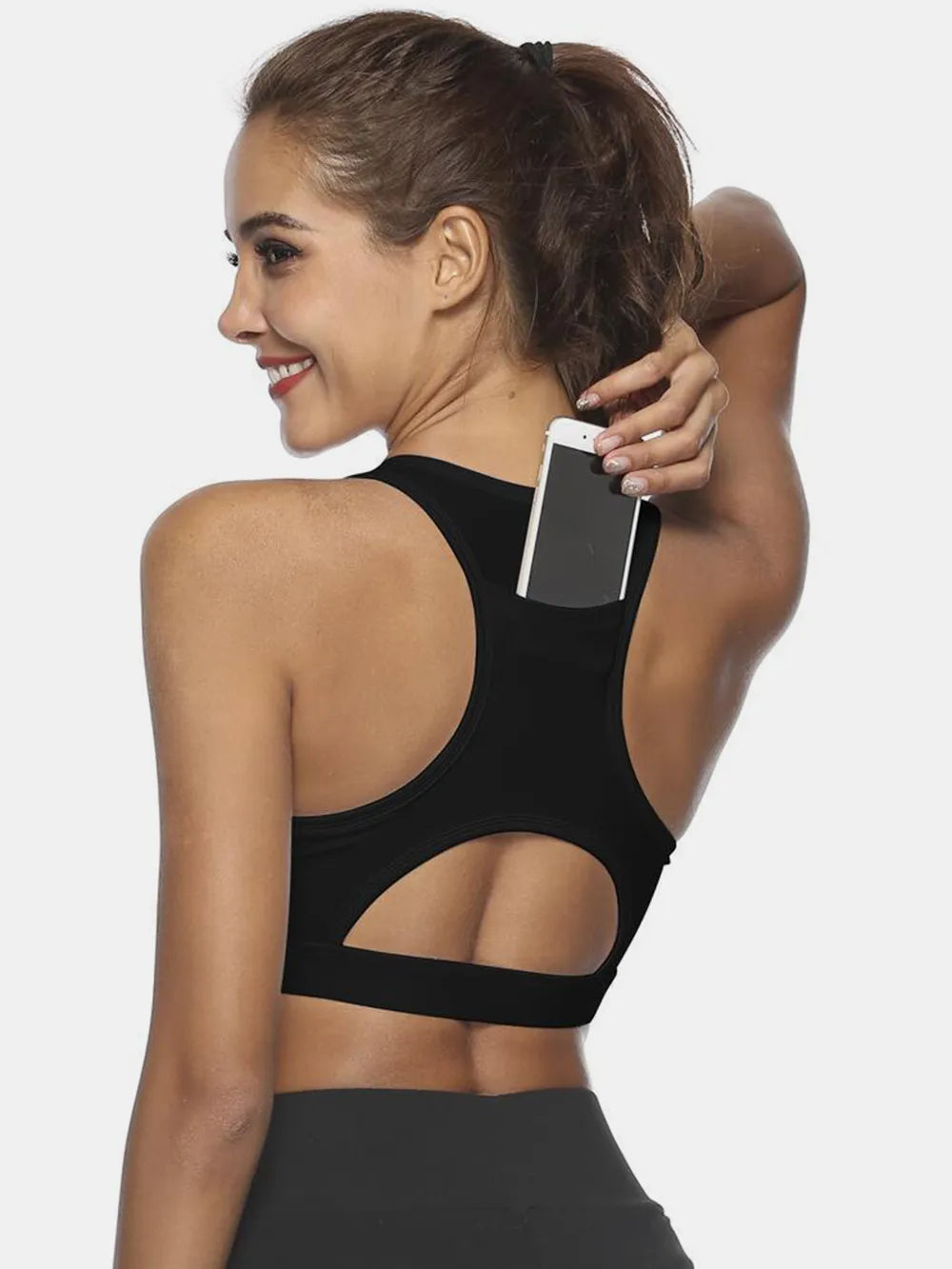 White scoop neck active tank on model