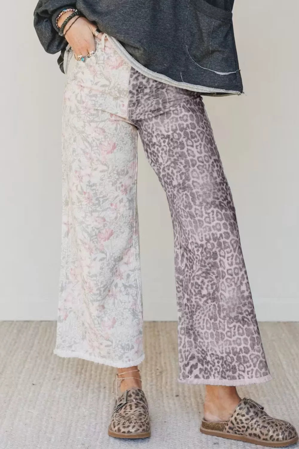 Leopard print detail on wide leg jeans