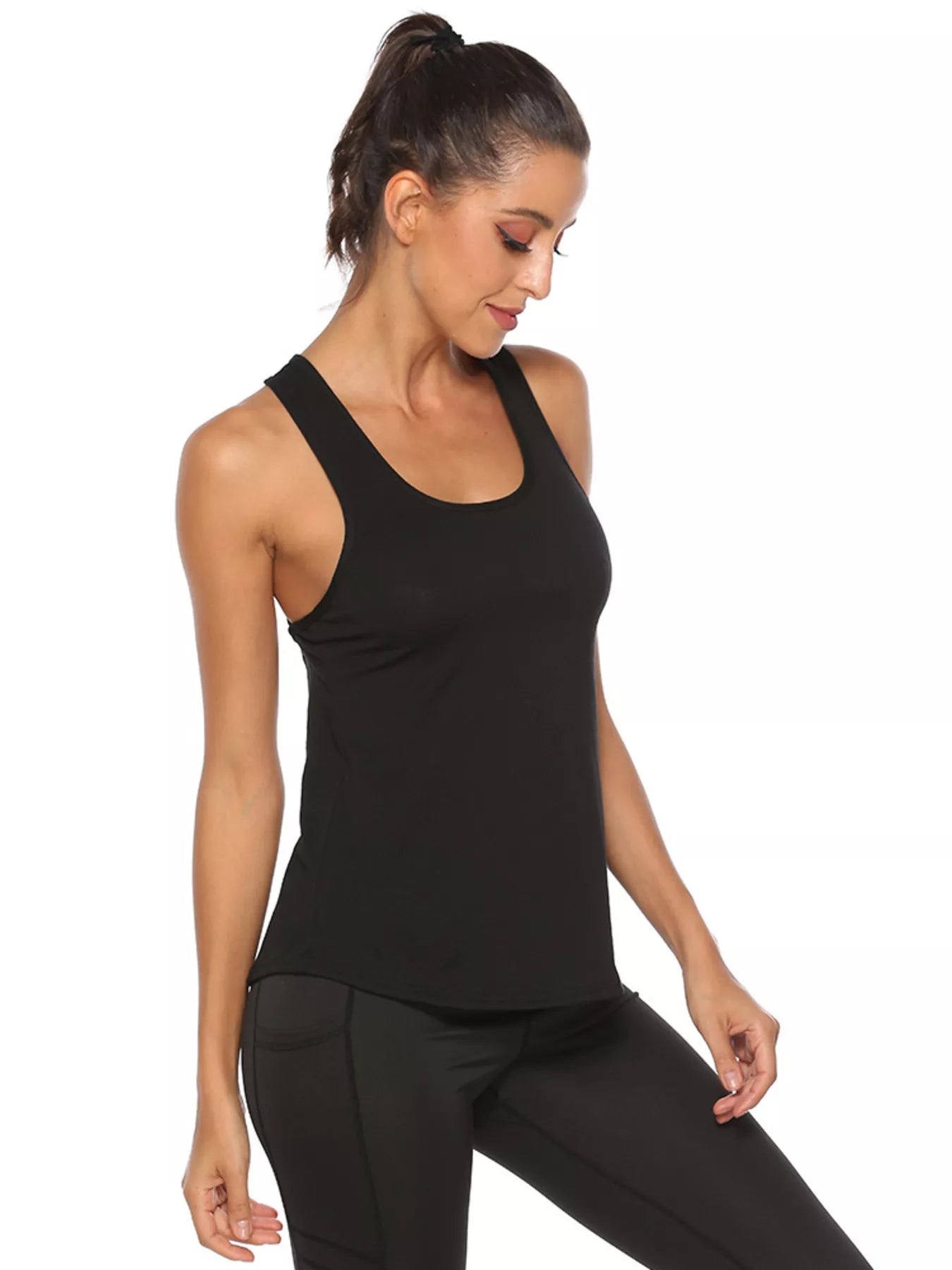 Black active tank top side view on model