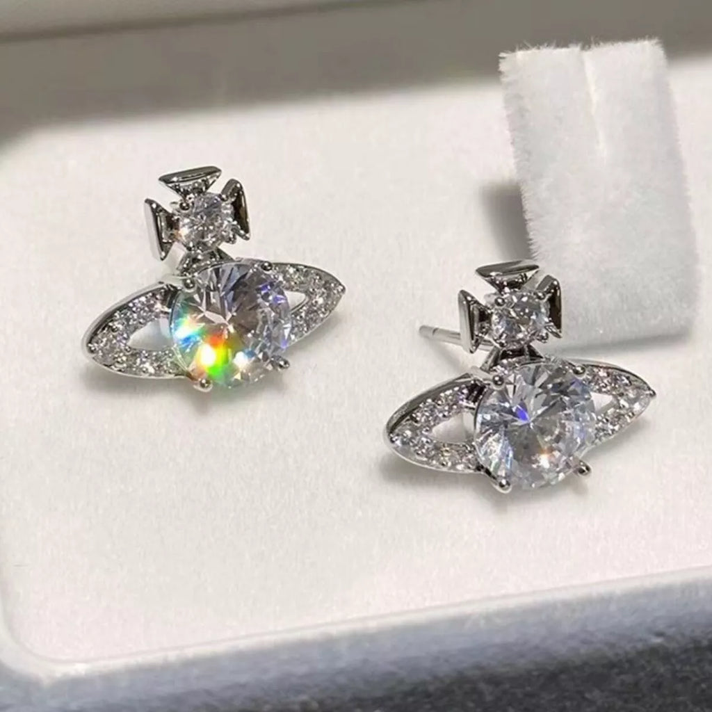Moissanite planet earrings on ear