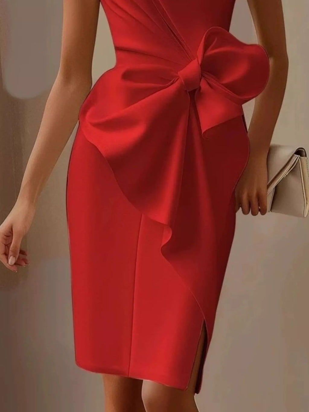 Red sleeveless dress styled full length
