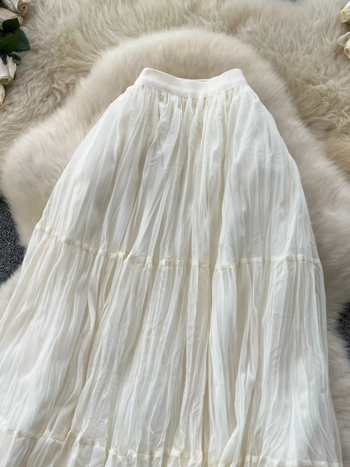 Tiered tulle skirt layered hem close up