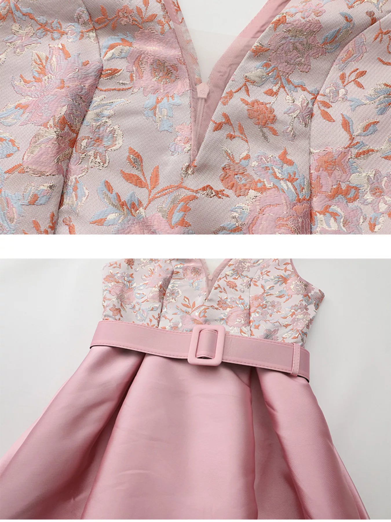 Floral belted midi dress styled on model