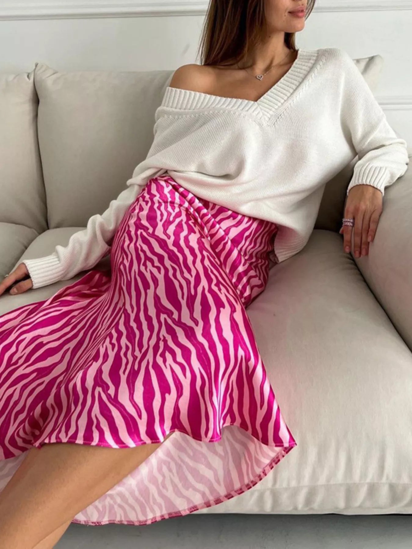Satin zebra print midi skirt front view