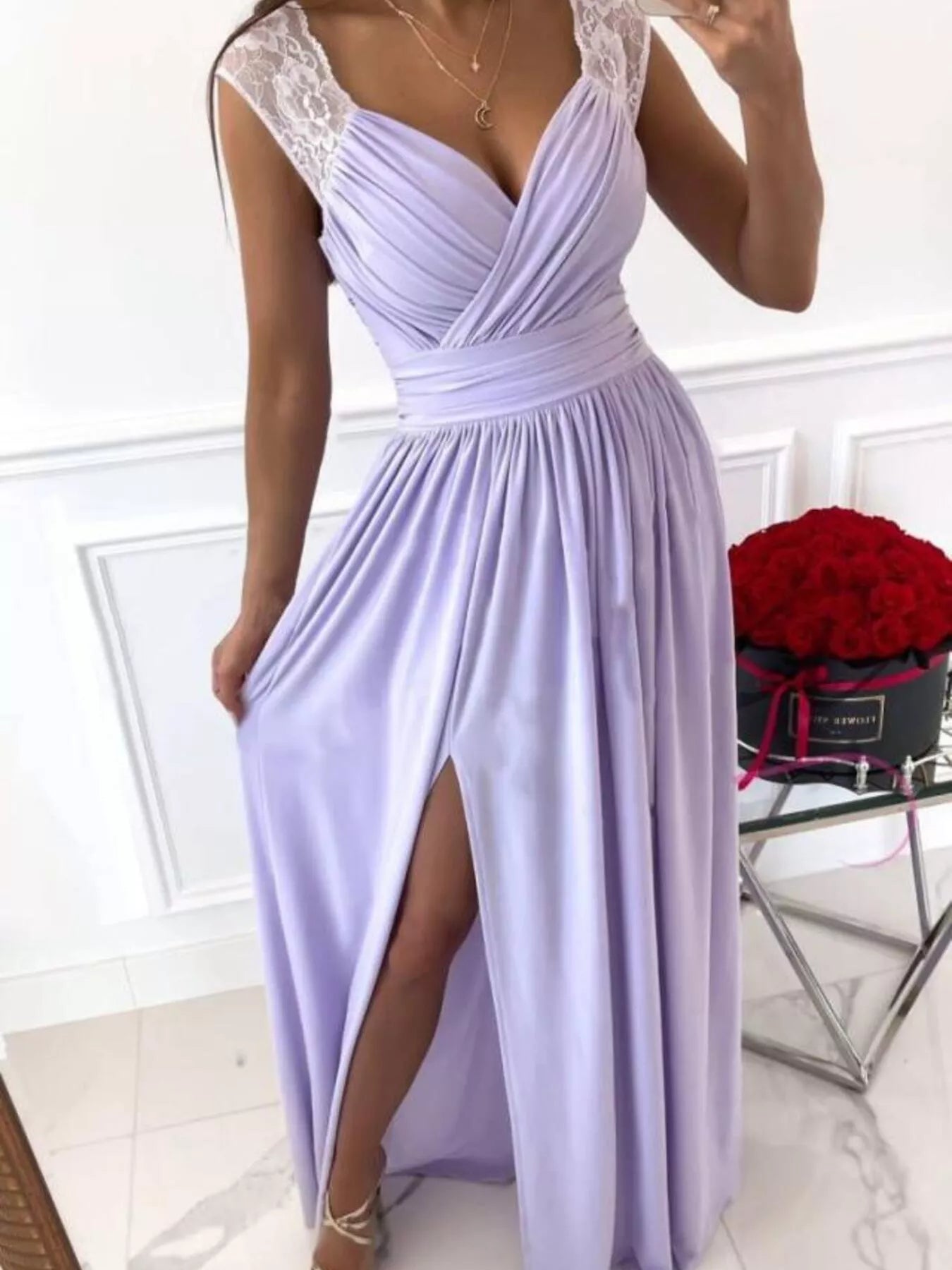 High slit maxi dress styled on model