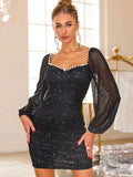 Pearl trim sweetheart neck long sleeve mini dress front view