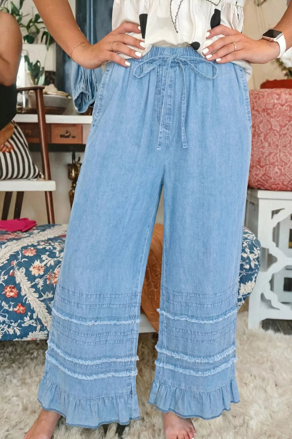 Drawstring waist detail on wide leg chambray jeans