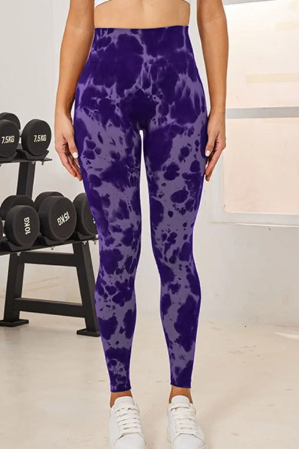 Purple tie dye active leggings front view
