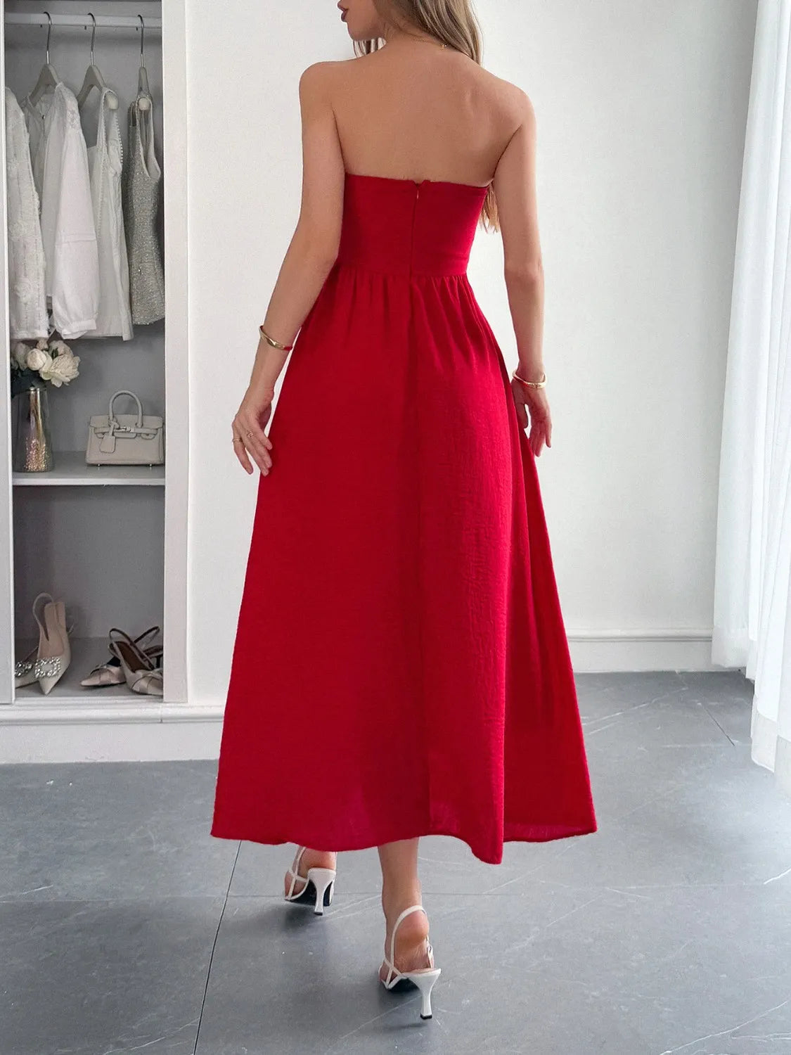 Light blue strapless a line midi dress front view