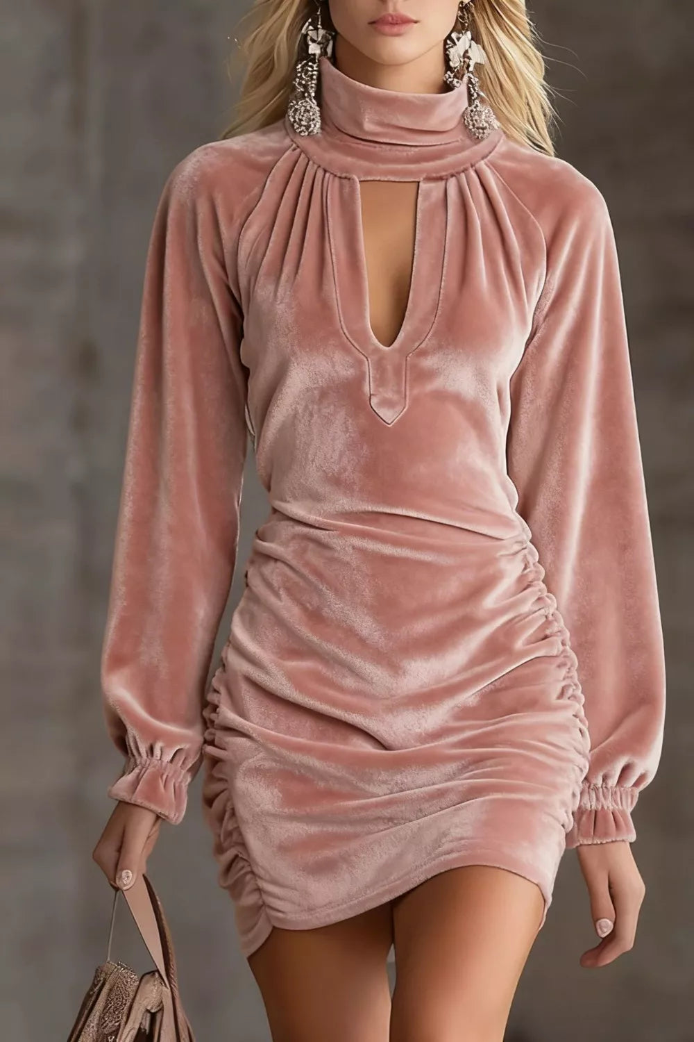Velvet ruched cutout mini dress in dusty pink front view
