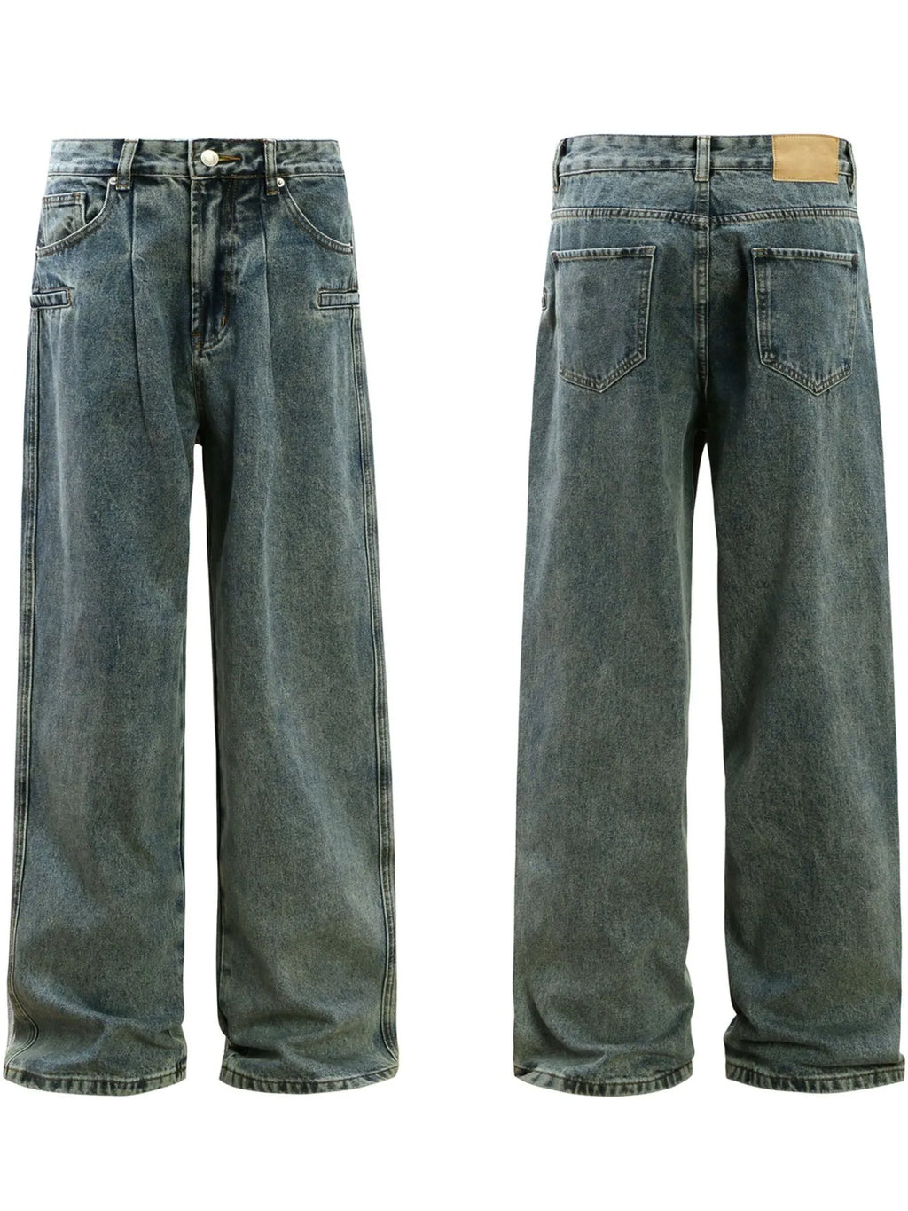 Washed denim detail on mens wide leg jeans