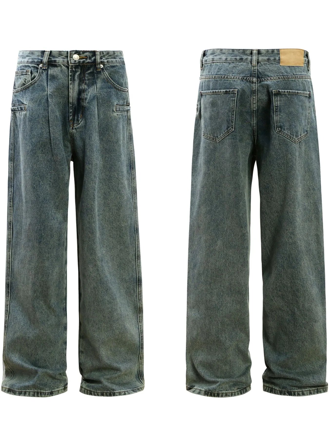 Washed denim detail on mens wide leg jeans