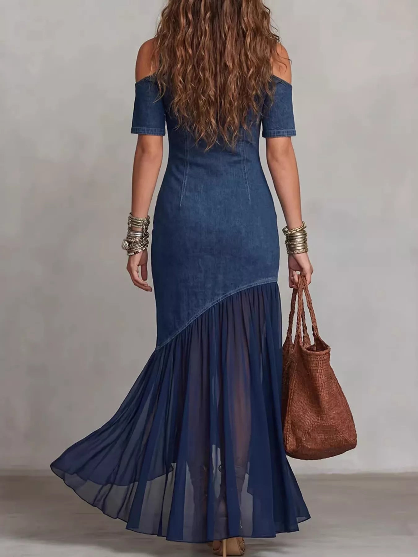 Ruffle hem maxi dress detail of mesh fabric