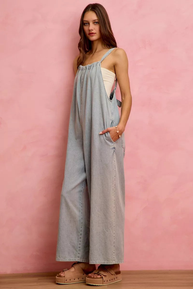 Wide leg denim overalls hem and leg opening detail