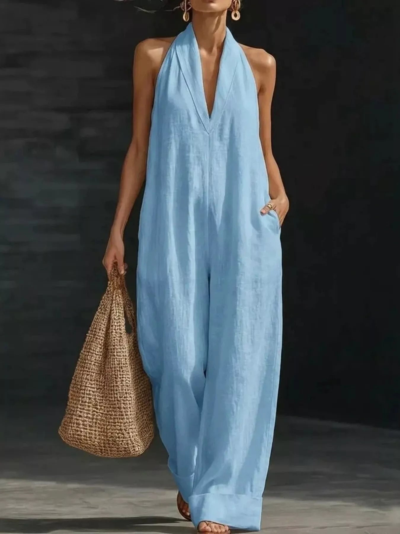 Halter neckline detail on jumpsuit