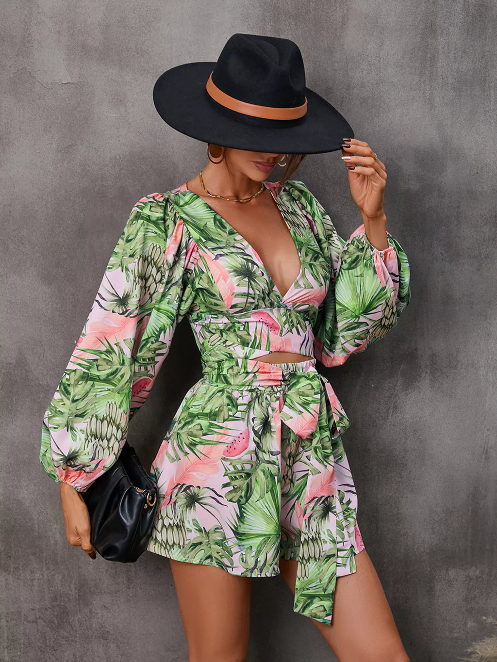 Printed long sleeve romper side profile