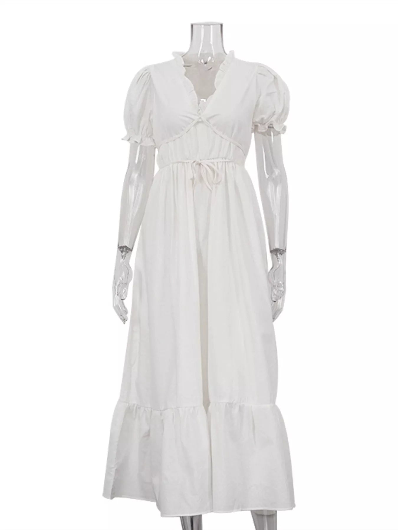 Puff sleeve maxi dress styled on model