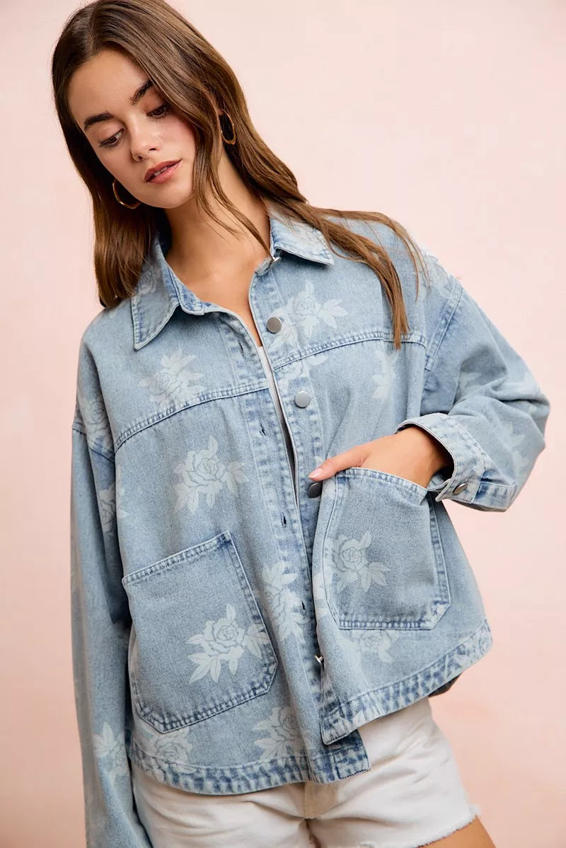 Floral washed denim jacket pocket detail