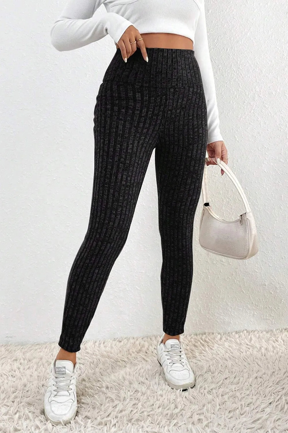 Ribbed high waist leggings in gray full length