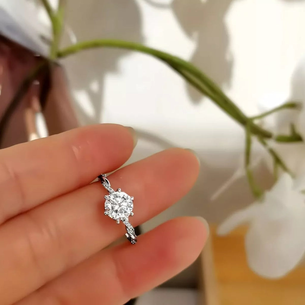 Moissanite stone detail on sterling silver ring