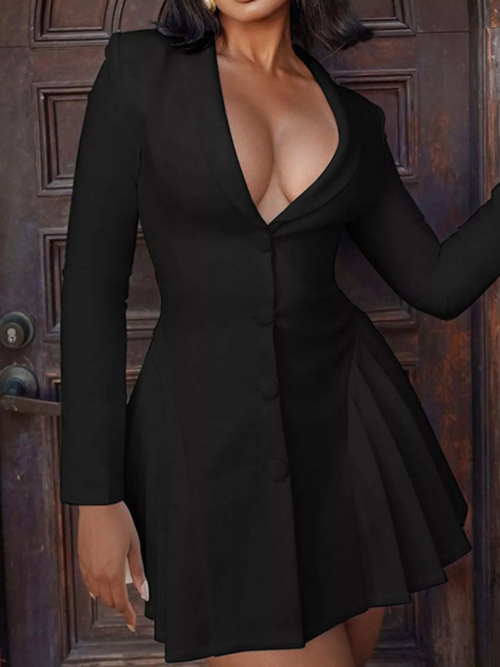 Pleated blazer dress full length on model