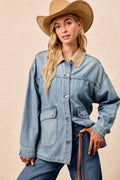 Vintage washed denim jacket with contrast collar - front view