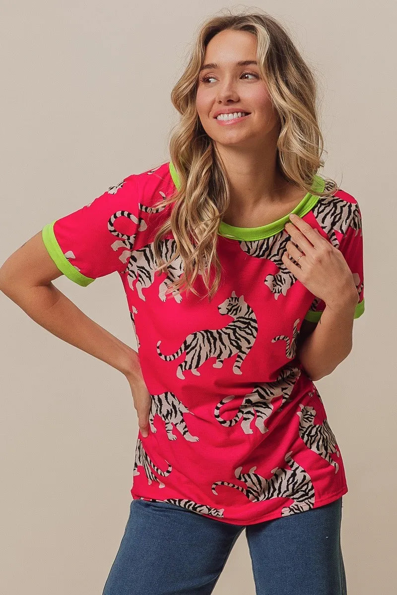 Tiger print jersey ringer top front view