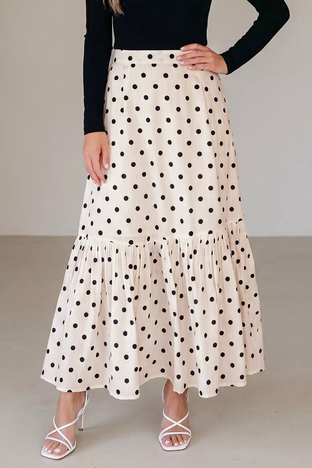 Ruffled polka dot maxi skirt back view