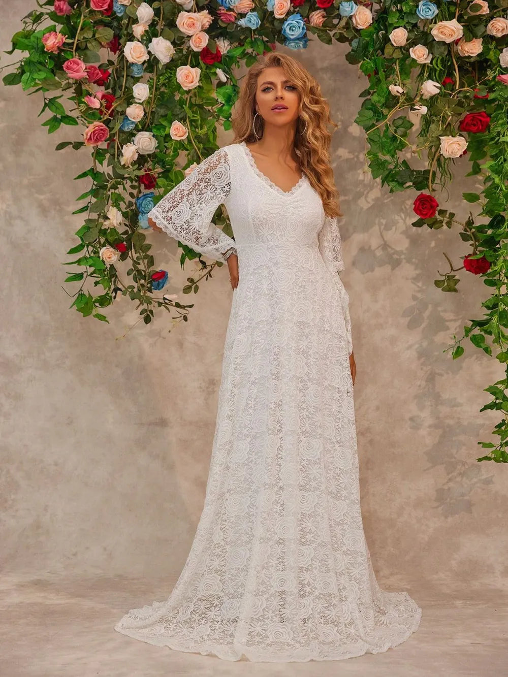 Lace floor length dress side view