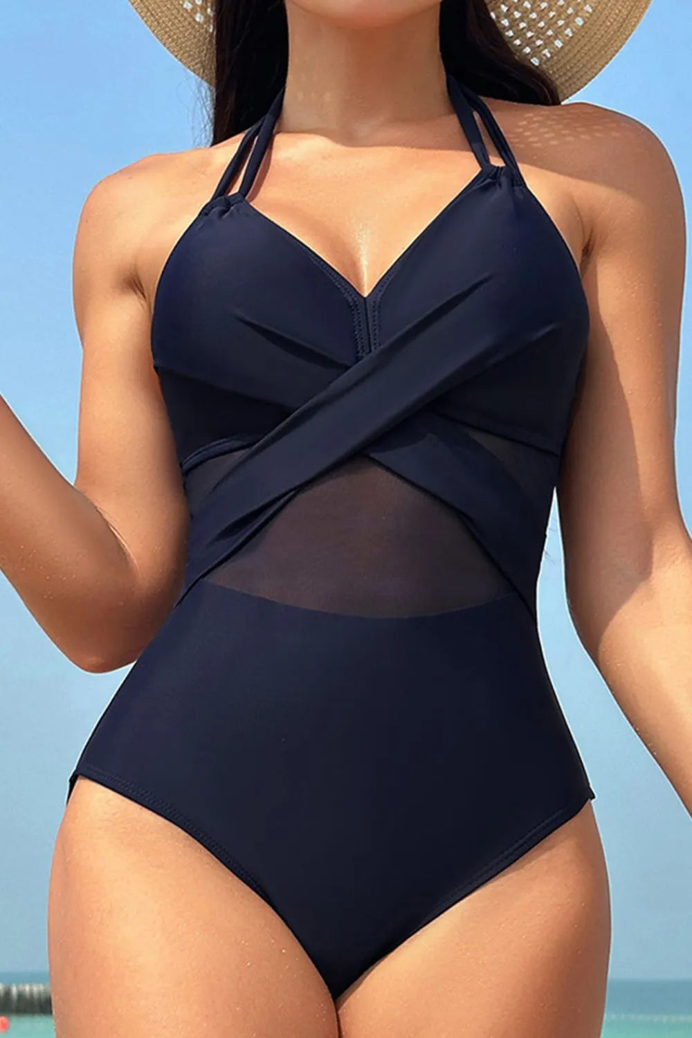 One piece swimsuit halter neckline detail
