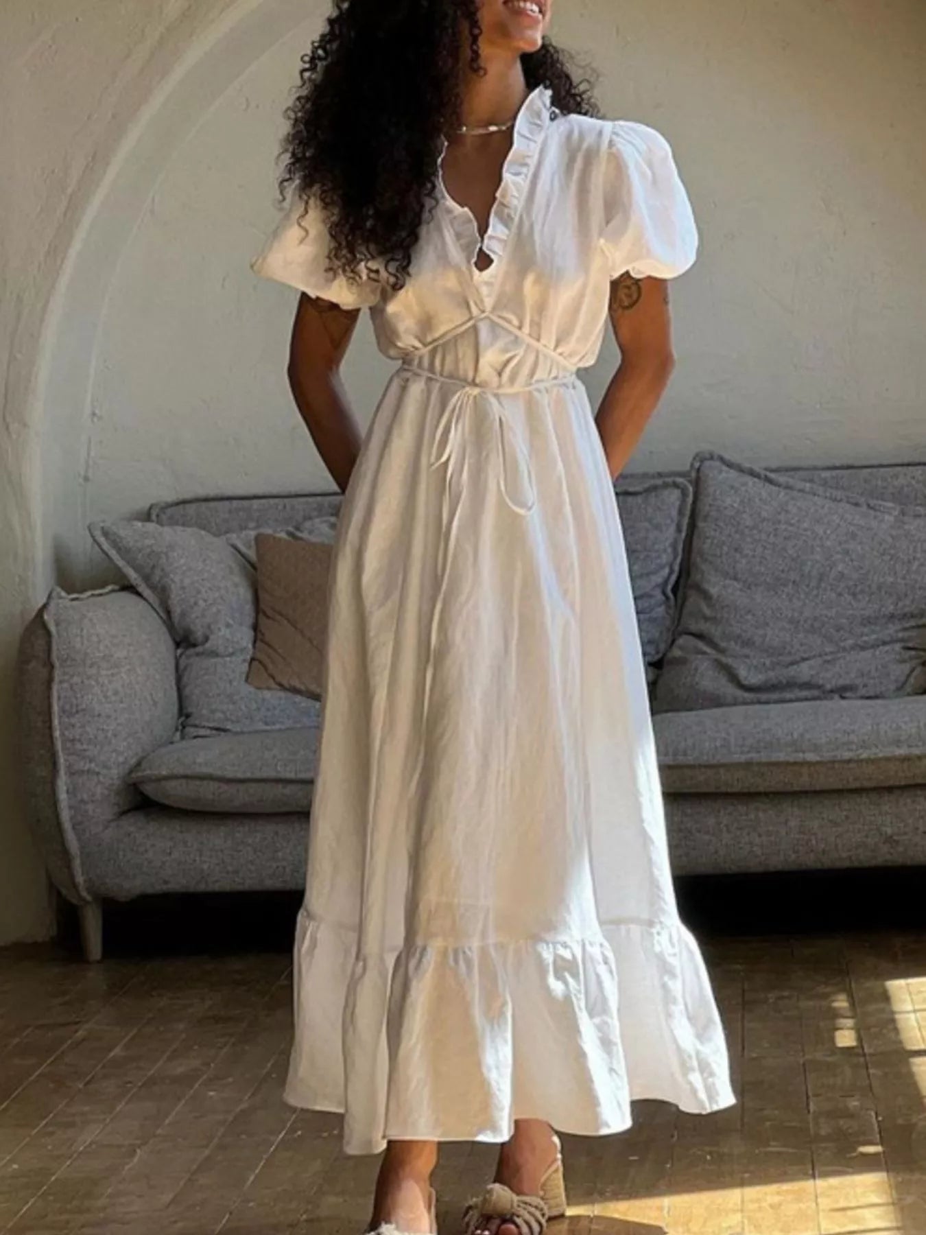 Tie waist puff sleeve maxi dress front view