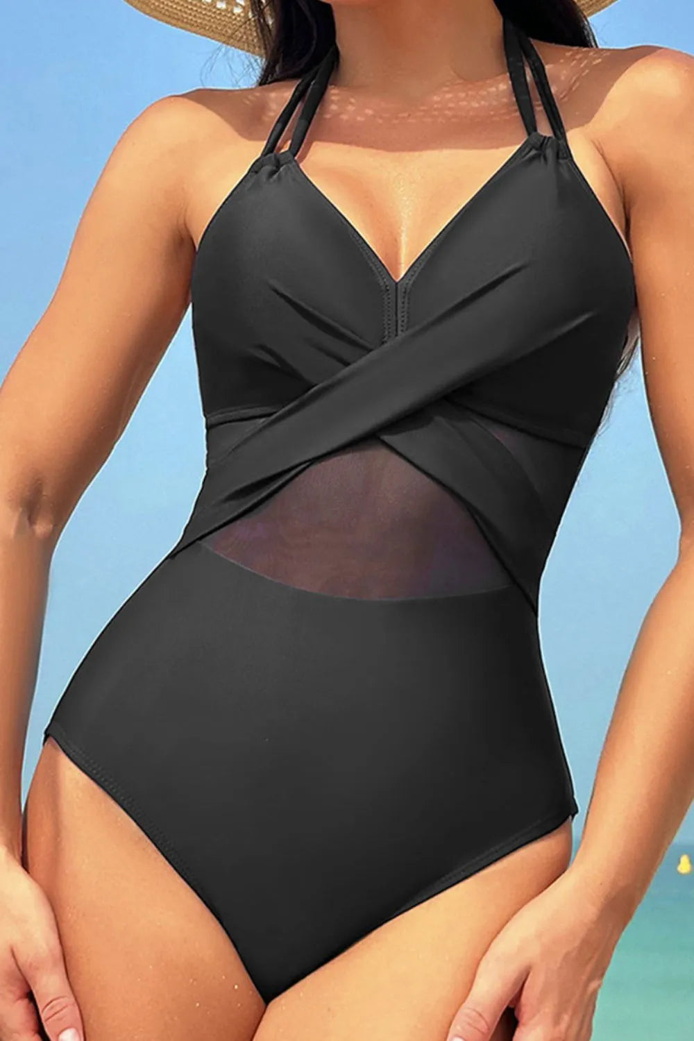 Halter neck one piece swimsuit side view
