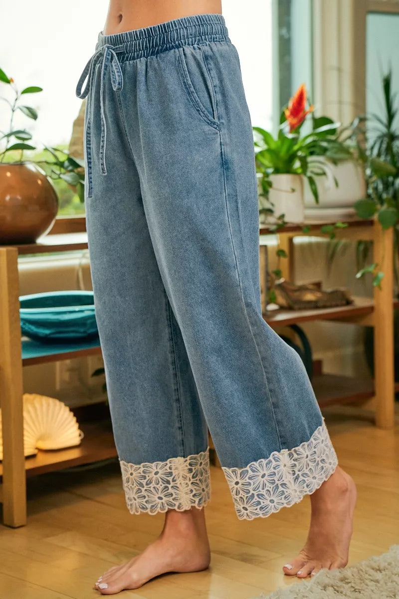 Washed denim lace trim pants back view