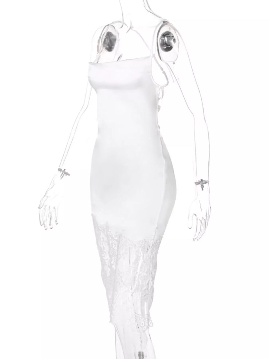 White satin lace trim dress on model