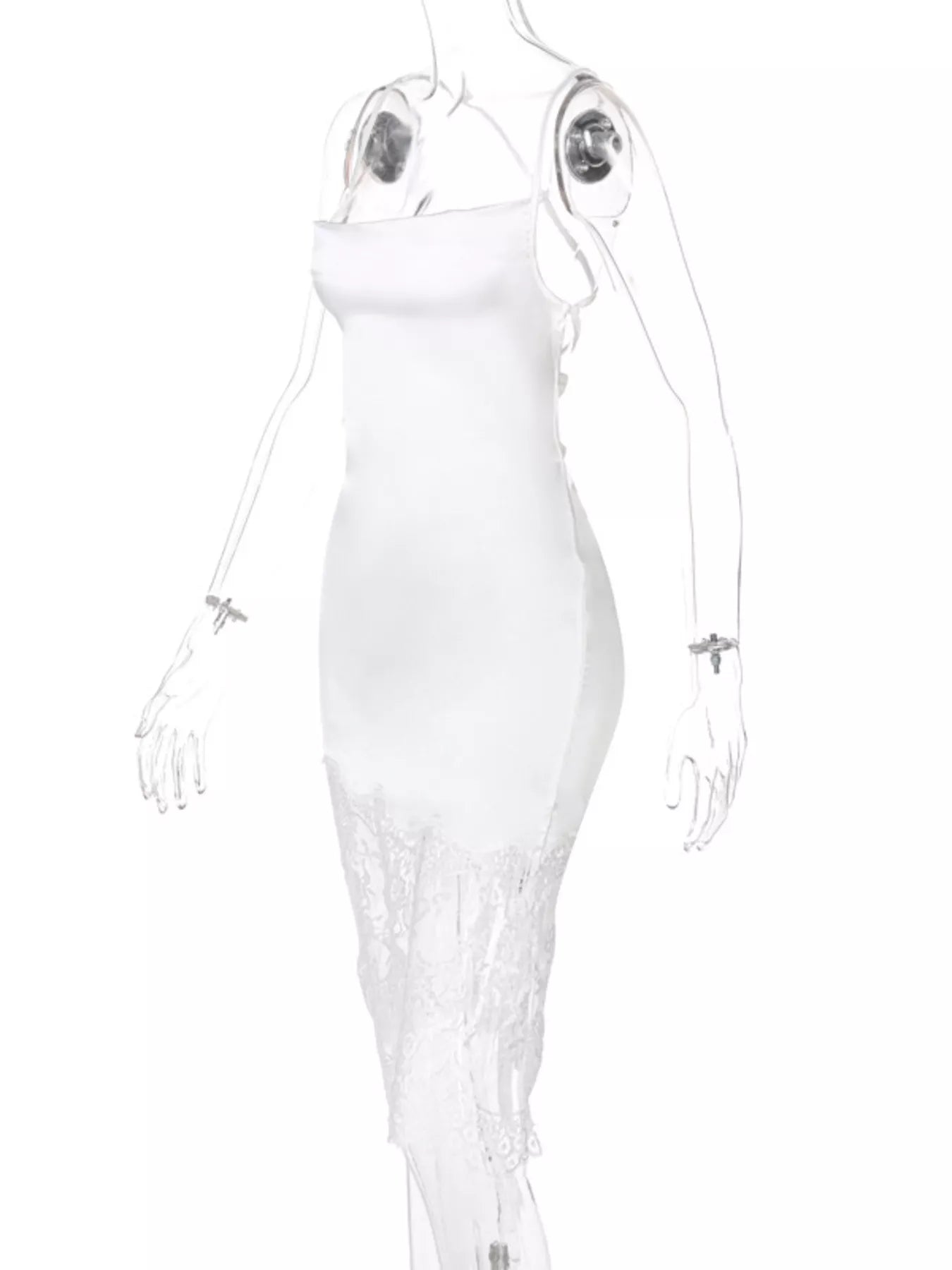 White satin lace trim dress on model