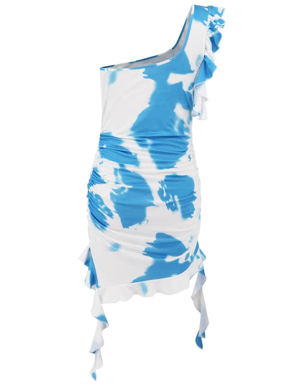 Pastel blue tie dye mini dress on model