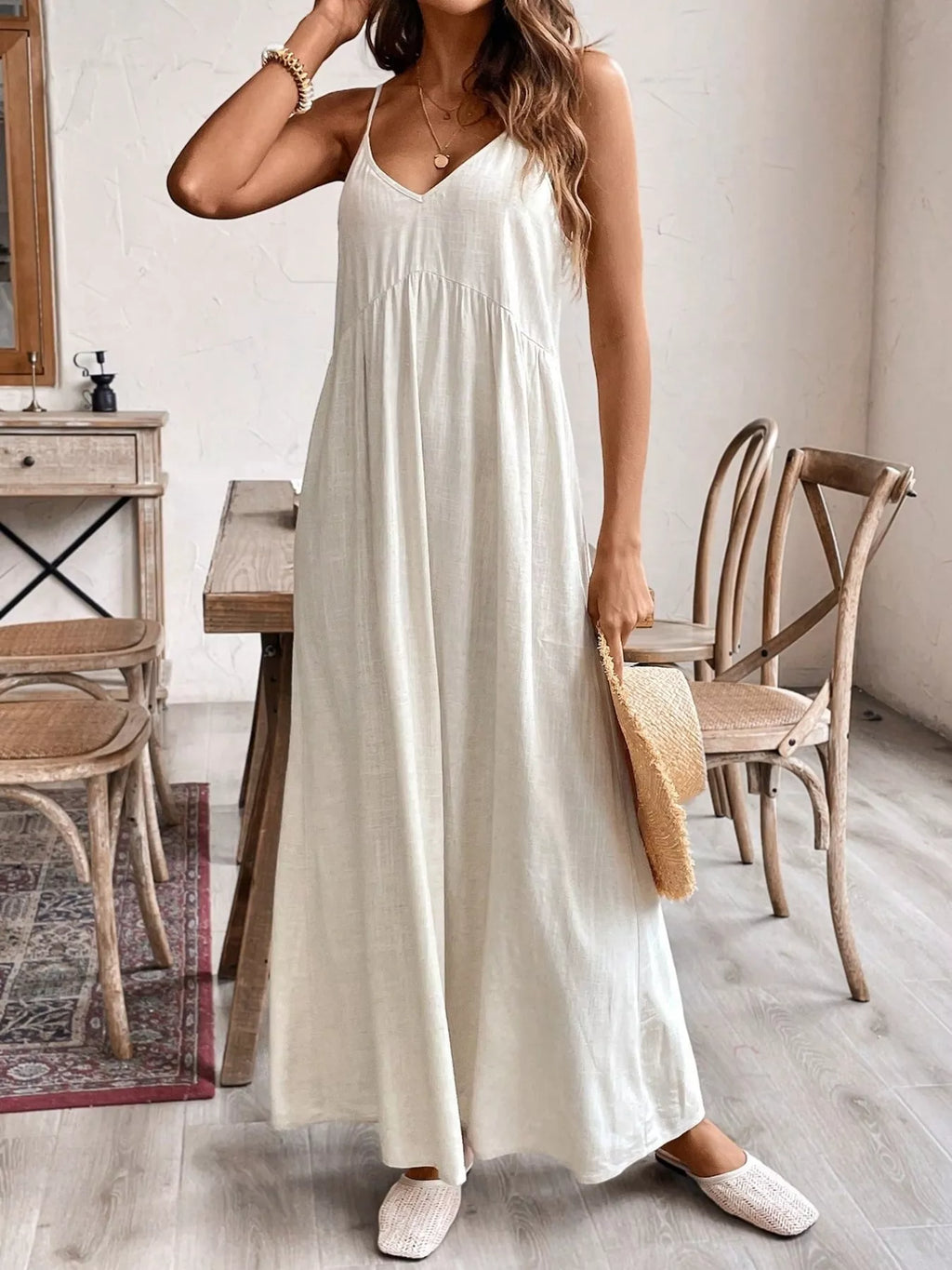 Spaghetti strap maxi dress on model full length