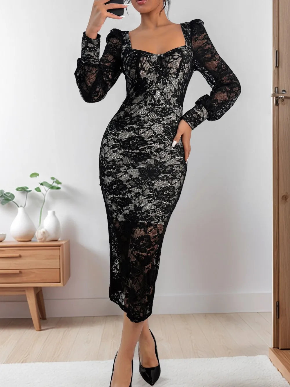 Black lace long sleeve dress side view
