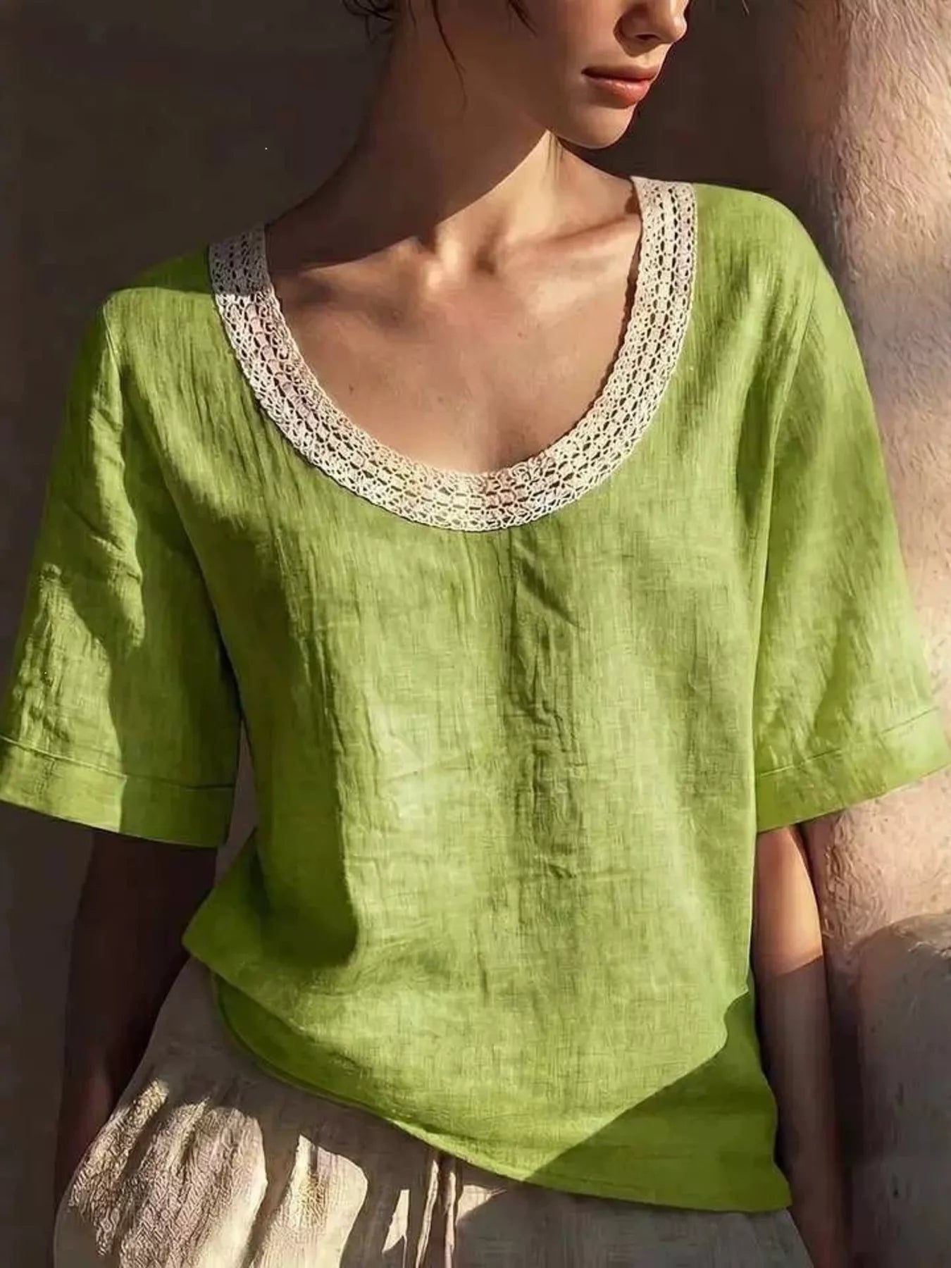 Lace trim short sleeve blouse plus size in pink